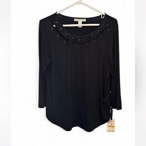 Women's Black Lace-Up 3/4 sleeve Top NWT